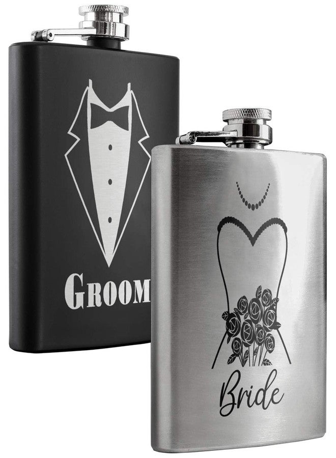 PlaqueMaker Stainless Steel 6 oz Groom and Bride Flask Set | Black with Silver Engraving & Silver with Black Engraving | Weddings, Gifts, Celebrations - Image 1