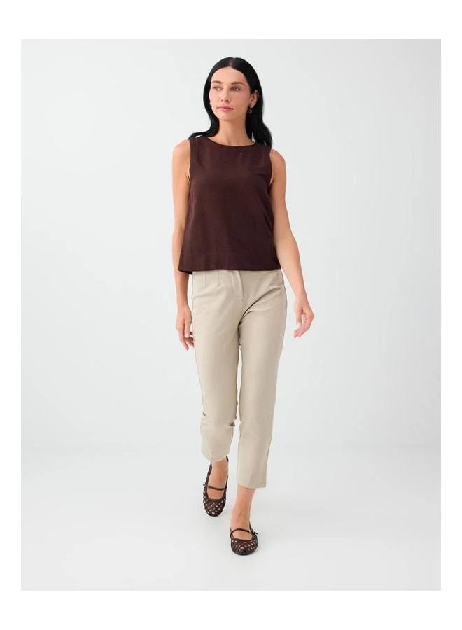 Jimmy Key Bitter Coffee Round Neck Sleeveless Linen-Blend Blouse.
