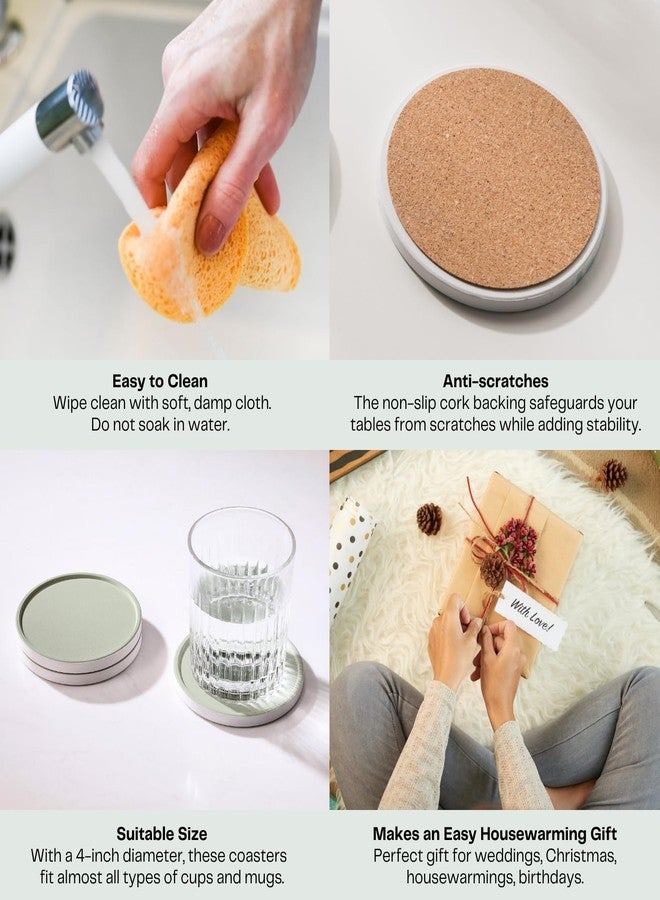 Hoomey Set of 6 Sage Green Coasters with Holder, Absorbent Ceramic Drink Coasters with Cork Backing for Table Protection, Table Decor, Housewarming Gifts - Image 4