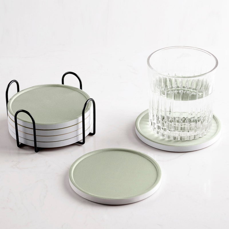 Hoomey Set of 6 Sage Green Coasters with Holder, Absorbent Ceramic Drink Coasters with Cork Backing for Table Protection, Table Decor, Housewarming Gifts - Image 1