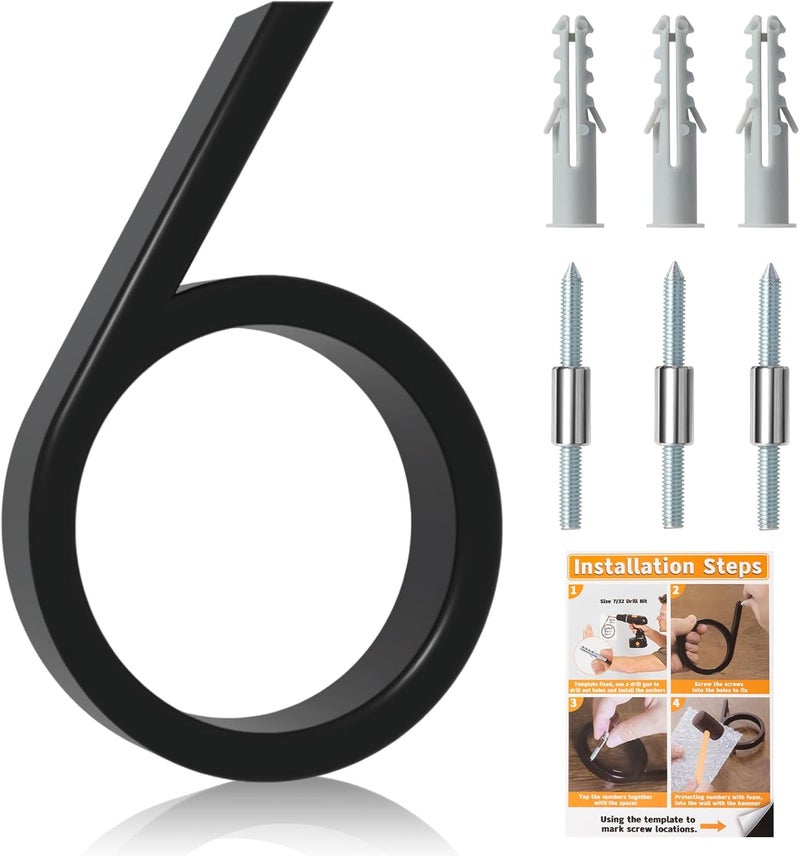 Briout 5" Modern House Numbers for Outside, Address Numbers for House with Nail Kits, Zinc Alloy Exterior House Numbers for Home Door Garden Street, High Gloss Black (6) - Image 1