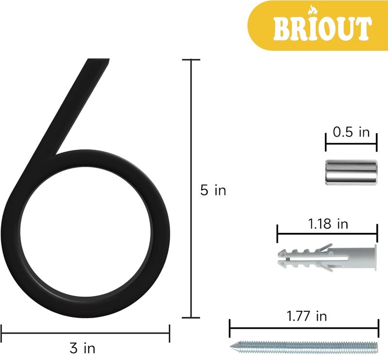 Briout 5" Modern House Numbers for Outside, Address Numbers for House with Nail Kits, Zinc Alloy Exterior House Numbers for Home Door Garden Street, High Gloss Black (6) - Image 2