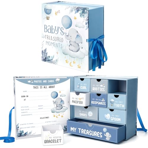 Beeveer Baby Keepsake Box Newborn Memory Organizer with 9 Labeled Compartments First Keepsake Book Gift Box for Pregnancy Mother"s Day Baby Shower New Maternity(Blue,Blue Elephant) - Image 1
