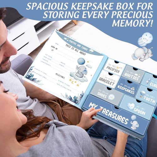 Beeveer Baby Keepsake Box Newborn Memory Organizer with 9 Labeled Compartments First Keepsake Book Gift Box for Pregnancy Mother"s Day Baby Shower New Maternity(Blue,Blue Elephant) - Image 4