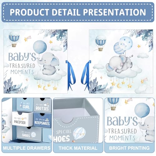 Beeveer Baby Keepsake Box Newborn Memory Organizer with 9 Labeled Compartments First Keepsake Book Gift Box for Pregnancy Mother"s Day Baby Shower New Maternity(Blue,Blue Elephant) - Image 3