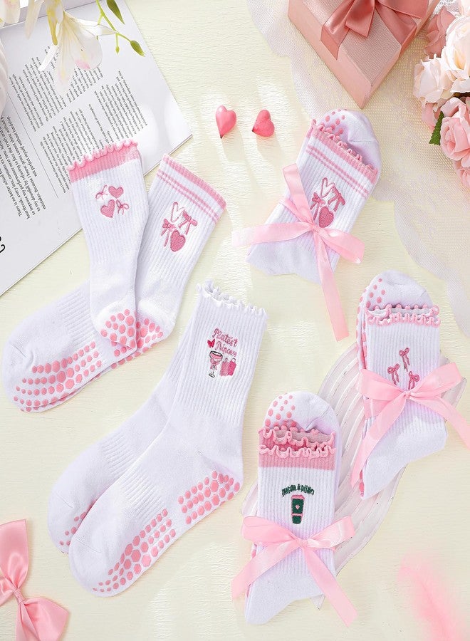 Bunnycool جوارب باني كول اللطيفة للتمارين الرياضية النسائية، 5 أزواج، مصنوعة من القطن المقاوم للانزلاق، مزينة بفيونكة وردية اللون، مع كشكشة على شكل كرز، مناسبة لليوغا والتمارين الرياضية (فيونكة وردية). - Image 5