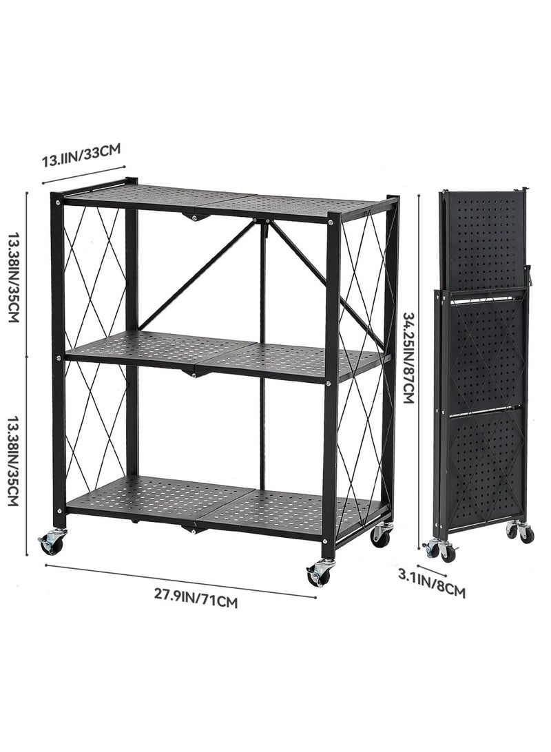 Iron Kitchen Storage Rack 3 Shelves， Foldable Storage Shelves With Wheels, Large Capacity Shelving Unit, Freestanding Metal Wire Shelf Rack, No Assembly Organizer Rack For Garage Kitchen, Basement, Pantry(Black) - Image 3