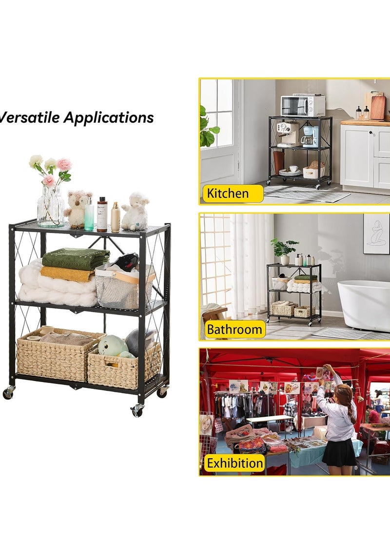 Iron Kitchen Storage Rack 3 Shelves， Foldable Storage Shelves With Wheels, Large Capacity Shelving Unit, Freestanding Metal Wire Shelf Rack, No Assembly Organizer Rack For Garage Kitchen, Basement, Pantry(Black) - Image 5