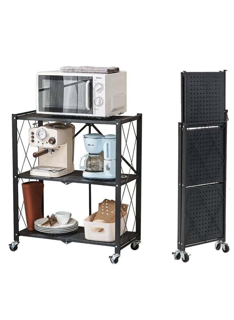 Iron Kitchen Storage Rack 3 Shelves， Foldable Storage Shelves With Wheels, Large Capacity Shelving Unit, Freestanding Metal Wire Shelf Rack, No Assembly Organizer Rack For Garage Kitchen, Basement, Pantry(Black) - Image 1