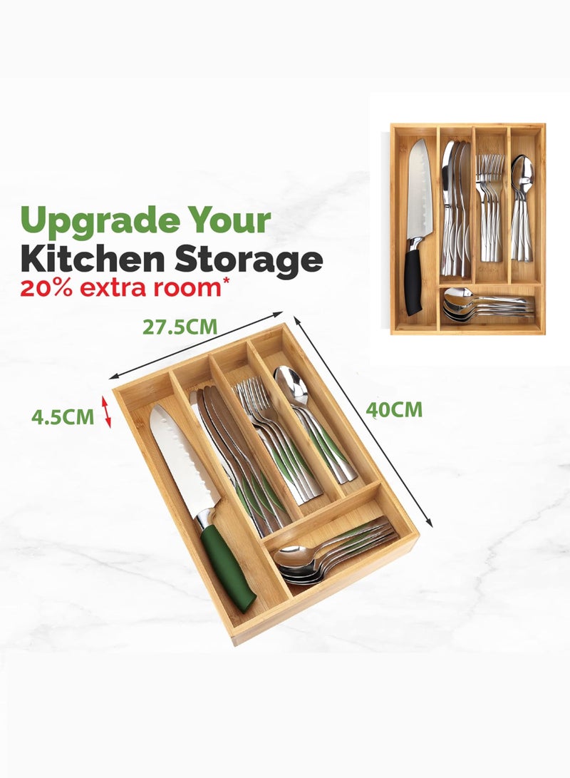 Toshionics Premium Extra Deep Bamboo 5-Slot Silverware Organizer Wooden Utensil Drawer Organizer Tray, Flatware Holder, Cutlery Divider, Multipurpose Bamboo Tray for Kitchen Drawer Storage & Fruit Serving Plate (40x27.5x4.5cm) - Image 2