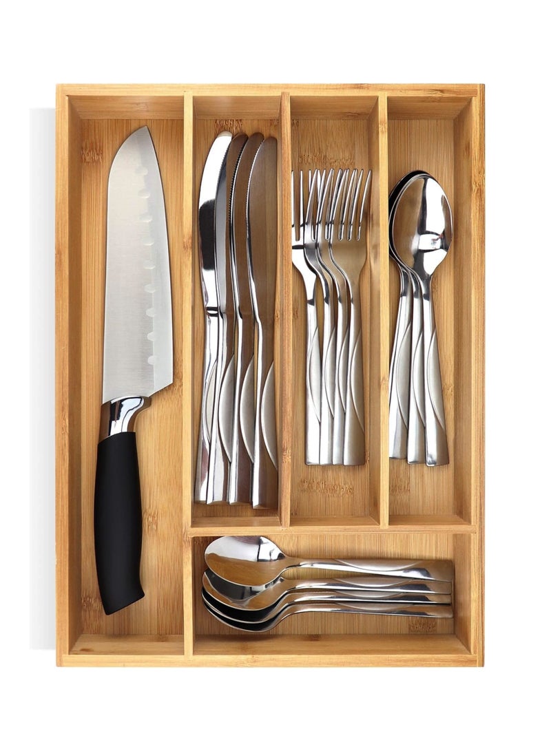Toshionics Premium Extra Deep Bamboo 5-Slot Silverware Organizer Wooden Utensil Drawer Organizer Tray, Flatware Holder, Cutlery Divider, Multipurpose Bamboo Tray for Kitchen Drawer Storage & Fruit Serving Plate (40x27.5x4.5cm) - Image 1