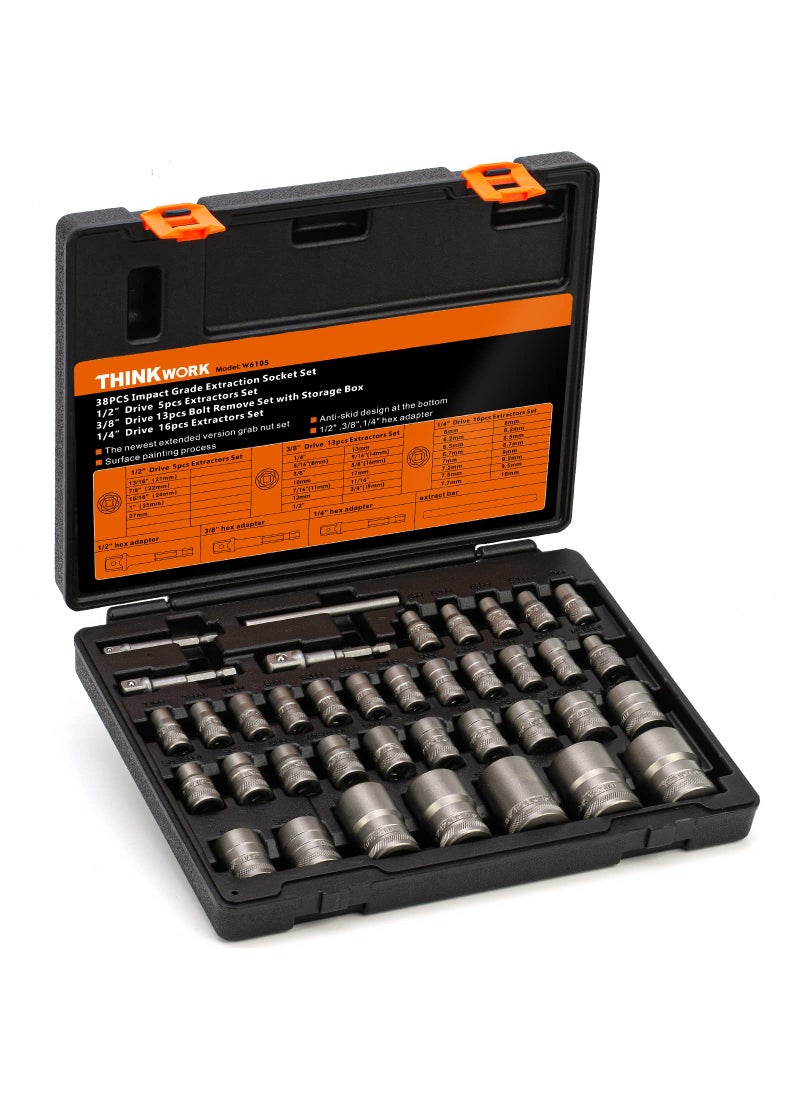 THINKWORK THINKWORK Bolt Extractor Set, 38 Pieces Impact Bolt & Nut Remover Set, Stripped Lug Nut Remover, Extraction Socket Set for Removing Damaged, Frozen, Rusted, Rounded-Off Bolts, Nuts & Screws  - Image 1