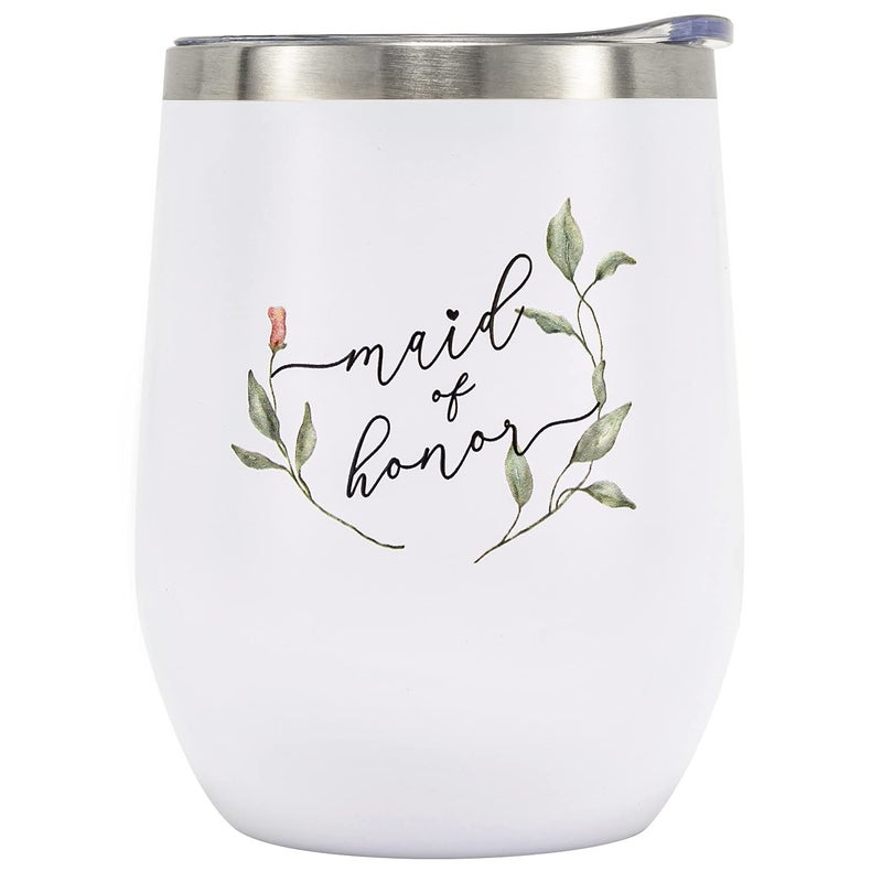 Crisky Crisky Maid of Honor Gifts  Greenery Maid of Honor Wine Tumbler Glass Drink Cup with Straw for Bridesmaid  I Do Crew  Bride Tribe  Team Bride 12oz Vacuum Insulated Tumbler with Box Lid Straw 