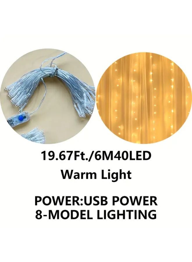 أضواء الجنيات USB بسلك طول 6 أمتار، 40 مصباح LED، ضوء دافئ، 8 أوضاع، تحكم عن بعد، للداخل والخارج - Image 1
