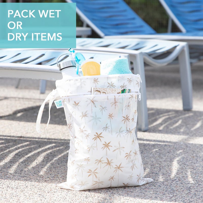 Bumkins Waterproof Wet Dry Bag for Baby, Travel, Swim Suit, Cloth Diapers, Pump Parts, Pool, Beach, Gym Clothes, Toiletry, Hook to Stroller, Daycare, Zipper Reusable Wetdry Packing Pouch, Palm Trees - Image 3