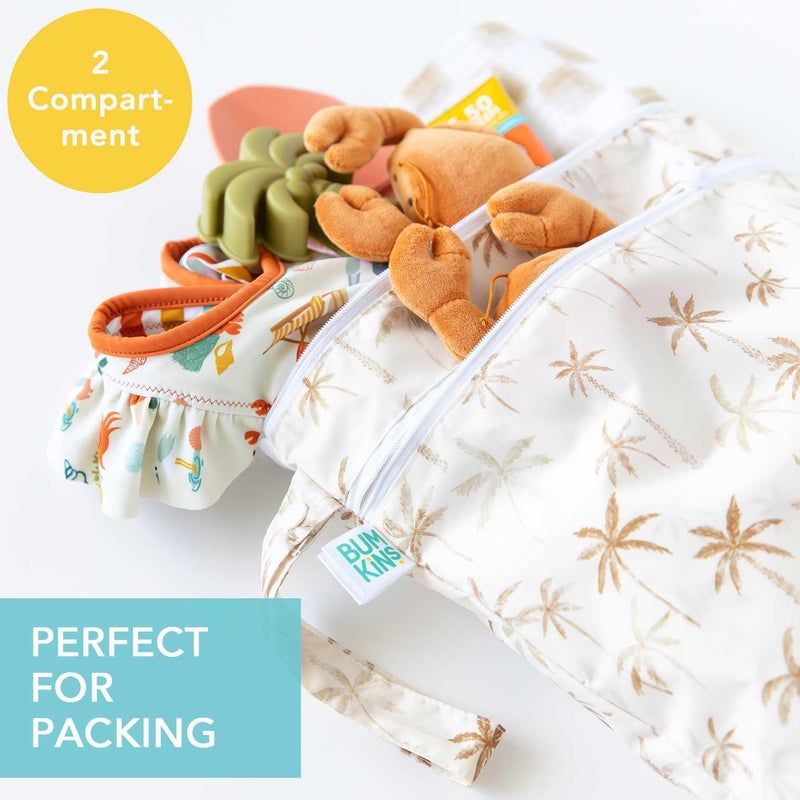 Bumkins Waterproof Wet Dry Bag for Baby, Travel, Swim Suit, Cloth Diapers, Pump Parts, Pool, Beach, Gym Clothes, Toiletry, Hook to Stroller, Daycare, Zipper Reusable Wetdry Packing Pouch, Palm Trees - Image 2