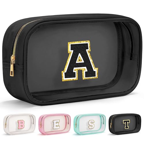 YOOLIFE Initial Makeup Bag Travel Toiletry Bag Clear Makeup Bag Cosmetic Bags Travel Essentials Gifts for Girls Teen Girlfriend Teacher Birthday Birthday Gifts for Kids Black Graduation Gifts A - Image 1