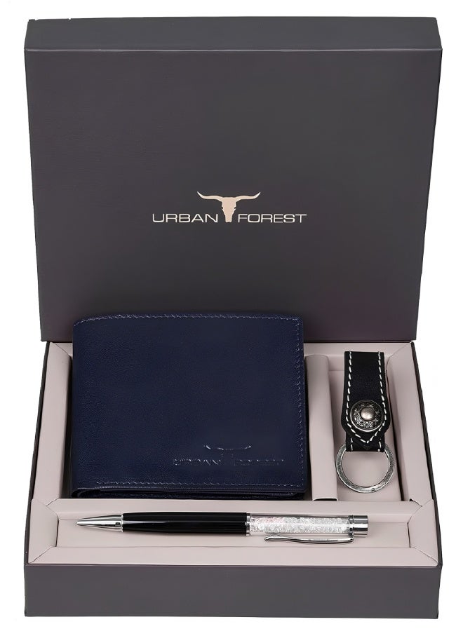 URBANFOREST URBAN FOREST Sherlock Blue Leather Wallet, Keyring and Pen Gift Set for Men, 6 Card Slots, Premium 3-Piece Combo Set, Stylish Men’s Wallet Gift - Image 1
