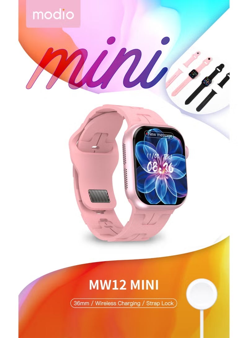 Modio MW12 Mini Smartwatch 36mm with HD Touch Display in Elegant Pink | Slim Smart Watch for Ladies & Gents | 2 Interchangeable Straps, Health Monitoring, Call & Message Notifications, Long Battery Life, Stylish Fitness Tracker for Daily Use - Image 2