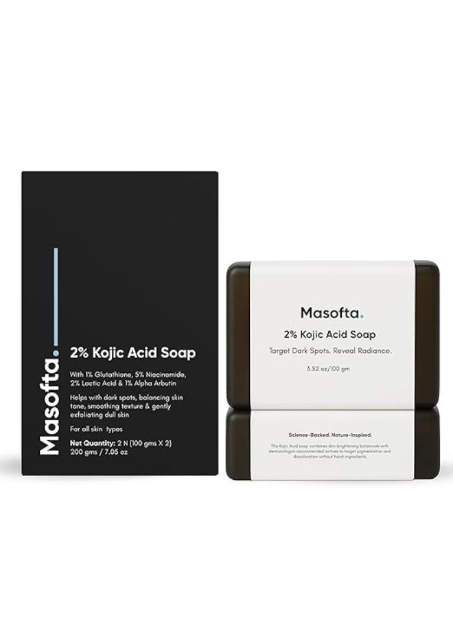 Masofta 2% Kojic Acid Dark Spot Remover Soap for Pigmentation, Melasma, Skin Brightening, Acne Marks, Even Skin Tone with Glutathione, Niacinamide & Alpha Arbutin, 100g x 2 (Pack of 2) - Image 1