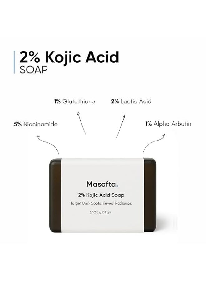 Masofta 2% Kojic Acid Dark Spot Remover Soap for Pigmentation, Melasma, Skin Brightening, Acne Marks, Even Skin Tone with Glutathione, Niacinamide & Alpha Arbutin, 100g x 2 (Pack of 2) - Image 3