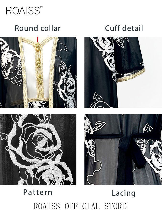 NIBEMINENT Women Two-piece Flower Embroidery Long Skirt with Belt Ethnic Style Dress Luxury Maxi Dresses Modern Stylish Abaya Middle East Arabic Women's Clothing Black/White - Image 5