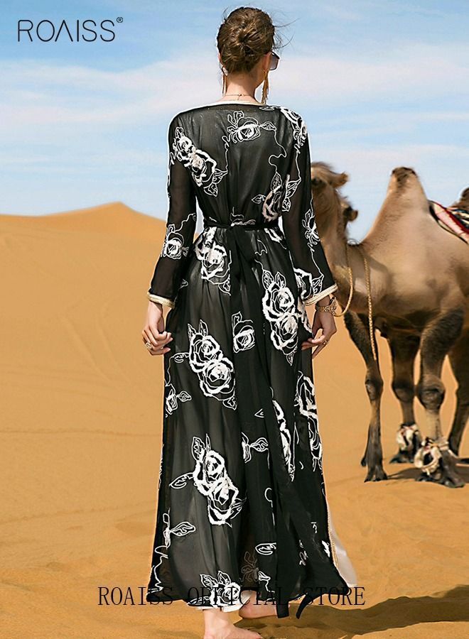 NIBEMINENT Women Two-piece Flower Embroidery Long Skirt with Belt Ethnic Style Dress Luxury Maxi Dresses Modern Stylish Abaya Middle East Arabic Women's Clothing Black/White - Image 3