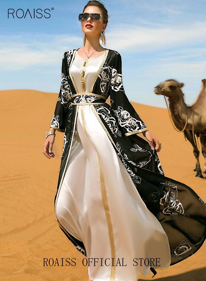 NIBEMINENT Women Two-piece Flower Embroidery Long Skirt with Belt Ethnic Style Dress Luxury Maxi Dresses Modern Stylish Abaya Middle East Arabic Women's Clothing Black/White - Image 2
