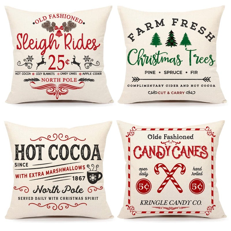 4TH Emotion Farmhouse Christmas Pillow Covers 18x18 Set of 4 Winter Holiday Decorations Xmas Rustic Throw Cushion Case for Sofa Couch Home Decor Sleigh Rides Farm Fresh Tree Cocoa Candy Canes