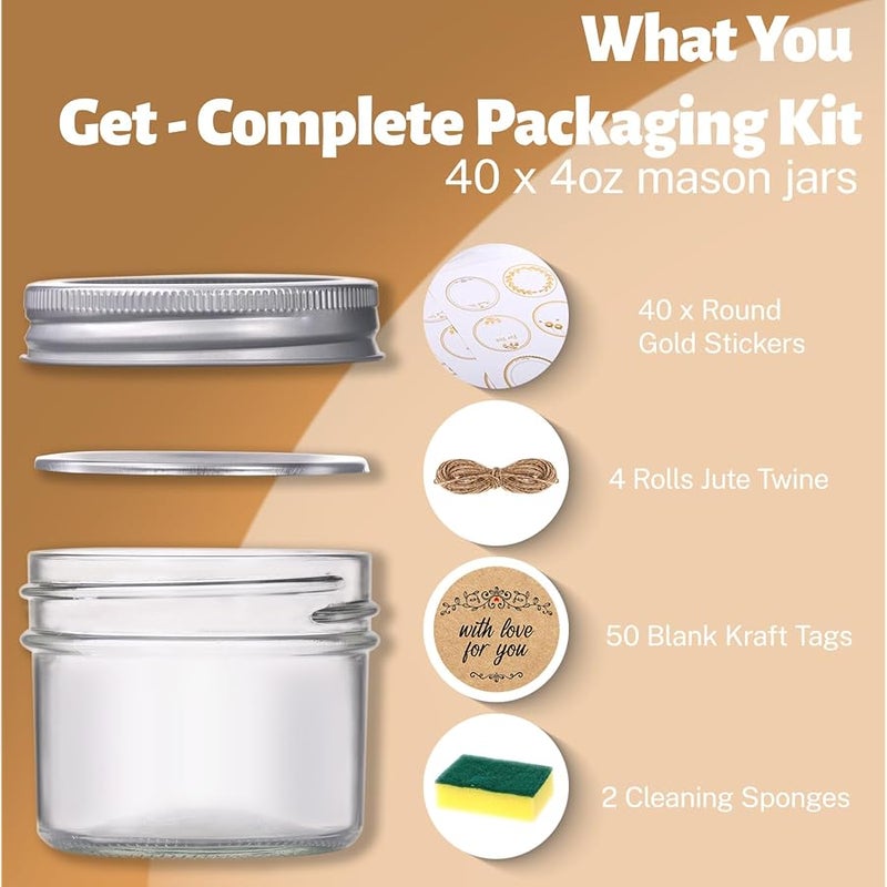 StarSide 4 oz Glass Mason Jars with Airtight Silver Lids and Bands, 40-Pack with Stickers,Tags & Twines, Mini Canning Jars for Jams, Honey, Spices, Dried Snacks, DIY Crafts, Wedding Favors - Image 4