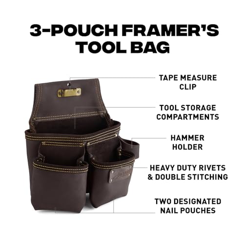 OX Pro Framers Tool Pouch Nail Bag Oil Tanned Leather Carpenter Tool Belt, 7 Pockets, Fastener Pouch, Hammer Holder OX-P263203 - Image 2