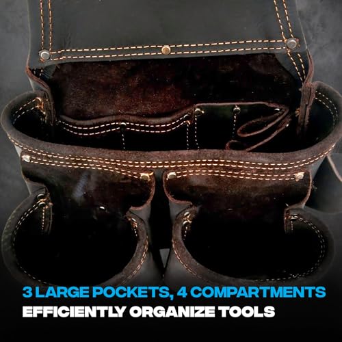 OX Pro Framers Tool Pouch Nail Bag Oil Tanned Leather Carpenter Tool Belt, 7 Pockets, Fastener Pouch, Hammer Holder OX-P263203 - Image 3