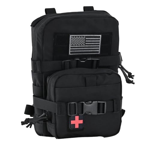 tactifans Tactical Mini Molle Hydration Pack,Molle Hydration Carrier with IFAK Pouch&US Flag&Med Patch,Hydropack for 2L Water Bladder (Black) - Image 1