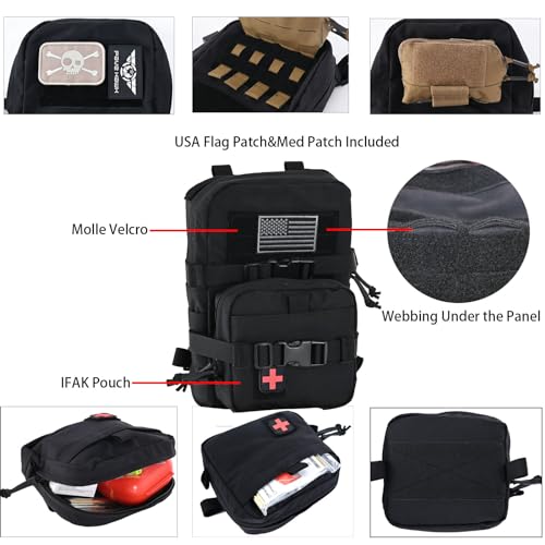 tactifans Tactical Mini Molle Hydration Pack,Molle Hydration Carrier with IFAK Pouch&US Flag&Med Patch,Hydropack for 2L Water Bladder (Black) - Image 3