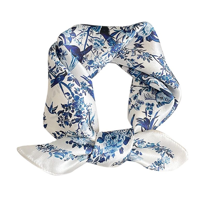 MEISEE 100% Mulberry Silk Scarfs Small Square Scarf 21" x 21" Neck Scarf Breathable Lightweight for Women Gift Packed (23-Blue White Flowers) - Image 1