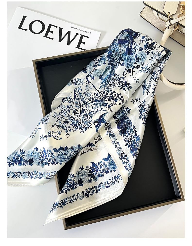 MEISEE 100% Mulberry Silk Scarfs Small Square Scarf 21" x 21" Neck Scarf Breathable Lightweight for Women Gift Packed (23-Blue White Flowers) - Image 4