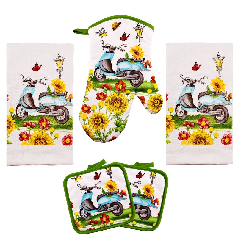 Lobyn Value Packs - Sunflowers & Butterflies & Blue Scooter: 5 Piece Kitchen Towel Set with 2 Decorative Dish Towels (25x15)  1 Oven Mitt and 2 Potholders (6 12 Sq)