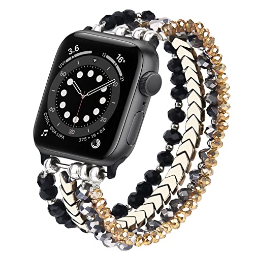 MOFREE Beaded Bracelet Compatible with Apple Watch Band 38mm/40mm/41mm/42mm, Fashion Elastic Stretch Women Bands for iWatch Series 11/10/9/8/7/SE/6/5/4/3/2/1 iPhone Watch Strap Bands (Black/Gray/Gold) - Image 1