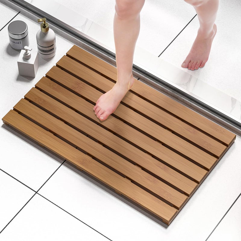 Domax Wooden Bamboo Bath Shower Mat NonSlip Waterproof Large Bathroom Floor Mat for Indoor Outdoor Walnut 313 x 181 x 15 Inches