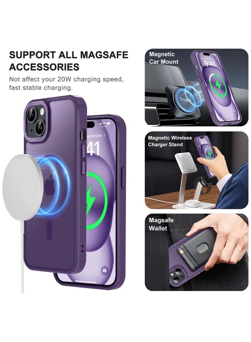 جراب مغناطيسي لهاتف iPhone 14 Plus/15 Plus مقاس 6.7 بوصة جراب هاتف شفاف غير لامع رفيع مقاوم للصدمات ومضاد للأصفر للنساء والرجال والفتيات والأولاد (أرجواني) - Image 2