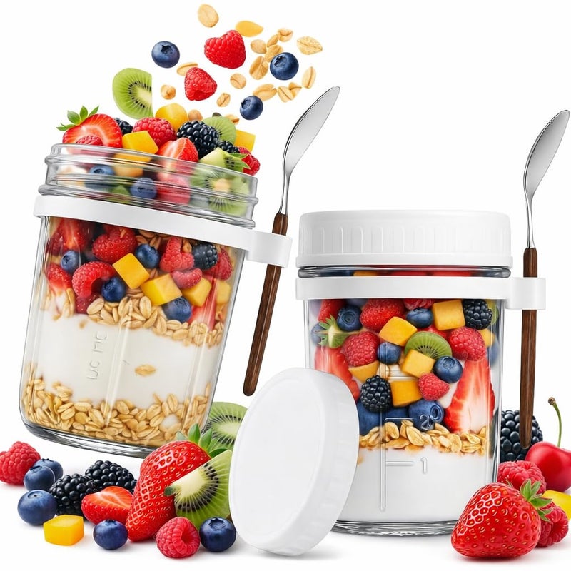 الأم مجموعة HOOJO® من عبوتين من الشوفان الليلي مع أغطية وملاعق | عبوات زجاجية للشوفان الليلي سعة 350 مل (12 أونصة) مع علامات قياس | عبوات مانعة للتسرب ذات فوهة واسعة لتحضير الوجبات، وبارفيه الزبادي، ووجبات الإفطار - Image 1