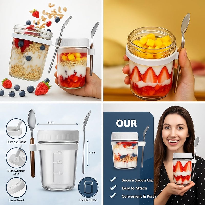 الأم مجموعة HOOJO® من عبوتين من الشوفان الليلي مع أغطية وملاعق | عبوات زجاجية للشوفان الليلي سعة 350 مل (12 أونصة) مع علامات قياس | عبوات مانعة للتسرب ذات فوهة واسعة لتحضير الوجبات، وبارفيه الزبادي، ووجبات الإفطار - Image 4