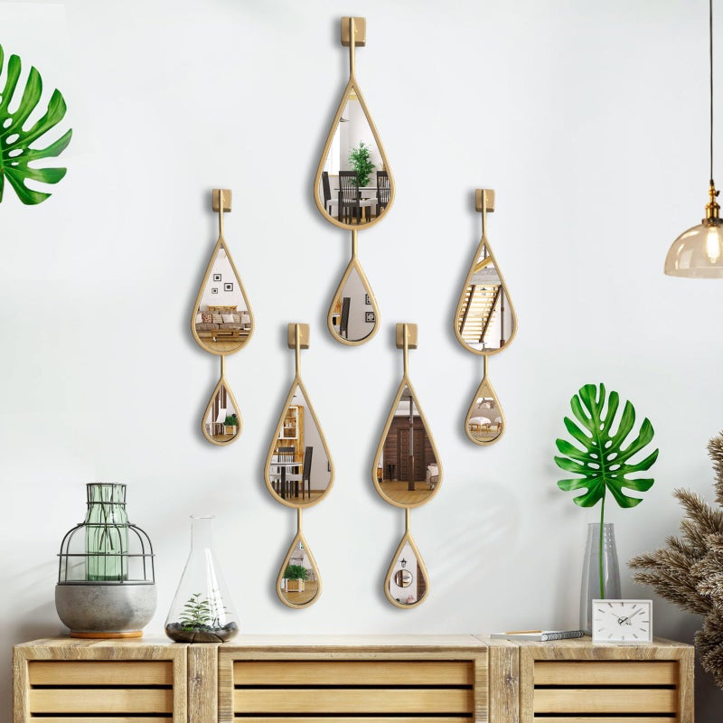 BAODANFU Wall Mirror Decorative Mirrors Mounted Decor Tear Drop Shape Gold for Bedroom Living Room Entryway Bathroom Vanity Brassy Gold Metal Frame, 5-Pack Mirrors Set - Image 1