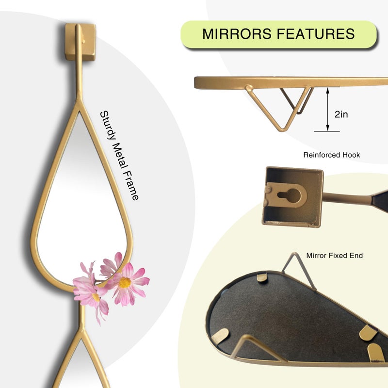 BAODANFU Wall Mirror Decorative Mirrors Mounted Decor Tear Drop Shape Gold for Bedroom Living Room Entryway Bathroom Vanity Brassy Gold Metal Frame, 5-Pack Mirrors Set - Image 3