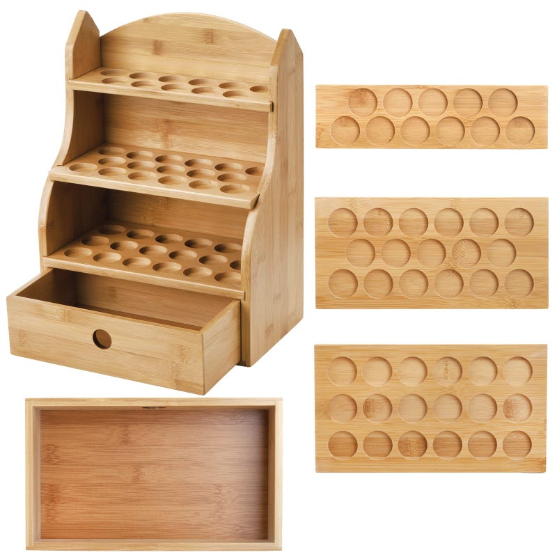 Dicunoy Essential Oils Storage Case, 46 Slots Nail Polish Shelf Display Rack with Drawer, Bamboo 3 Tiers Essential Oil Organizer Holds 10/15/20/30ml Bottles for Home, Cosmetic Shelf, Fairs, Shop - Image 4