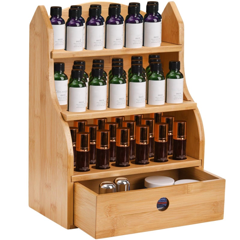 Dicunoy Essential Oils Storage Case, 46 Slots Nail Polish Shelf Display Rack with Drawer, Bamboo 3 Tiers Essential Oil Organizer Holds 10/15/20/30ml Bottles for Home, Cosmetic Shelf, Fairs, Shop - Image 1