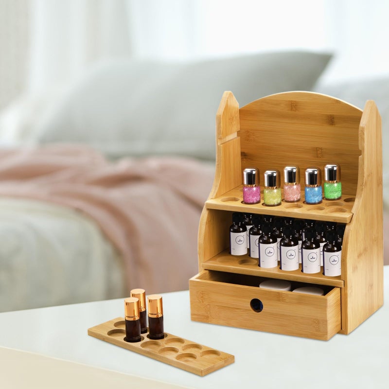 Dicunoy Essential Oils Storage Case, 46 Slots Nail Polish Shelf Display Rack with Drawer, Bamboo 3 Tiers Essential Oil Organizer Holds 10/15/20/30ml Bottles for Home, Cosmetic Shelf, Fairs, Shop - Image 5