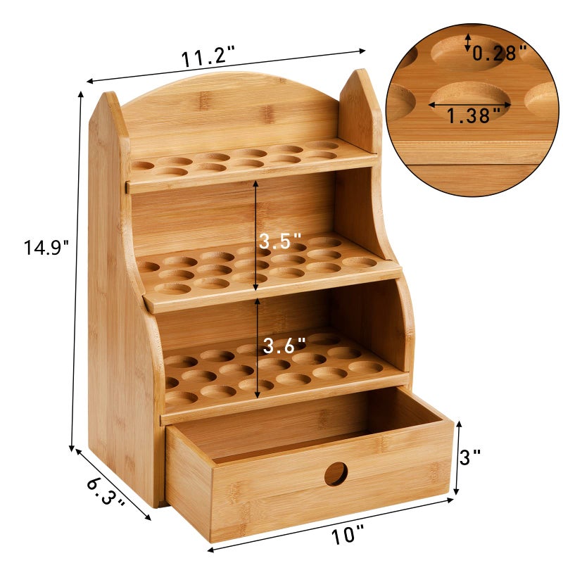 Dicunoy Essential Oils Storage Case, 46 Slots Nail Polish Shelf Display Rack with Drawer, Bamboo 3 Tiers Essential Oil Organizer Holds 10/15/20/30ml Bottles for Home, Cosmetic Shelf, Fairs, Shop - Image 2