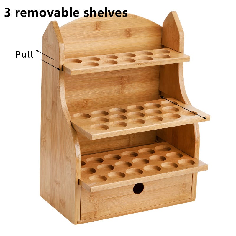 Dicunoy Essential Oils Storage Case, 46 Slots Nail Polish Shelf Display Rack with Drawer, Bamboo 3 Tiers Essential Oil Organizer Holds 10/15/20/30ml Bottles for Home, Cosmetic Shelf, Fairs, Shop - Image 3
