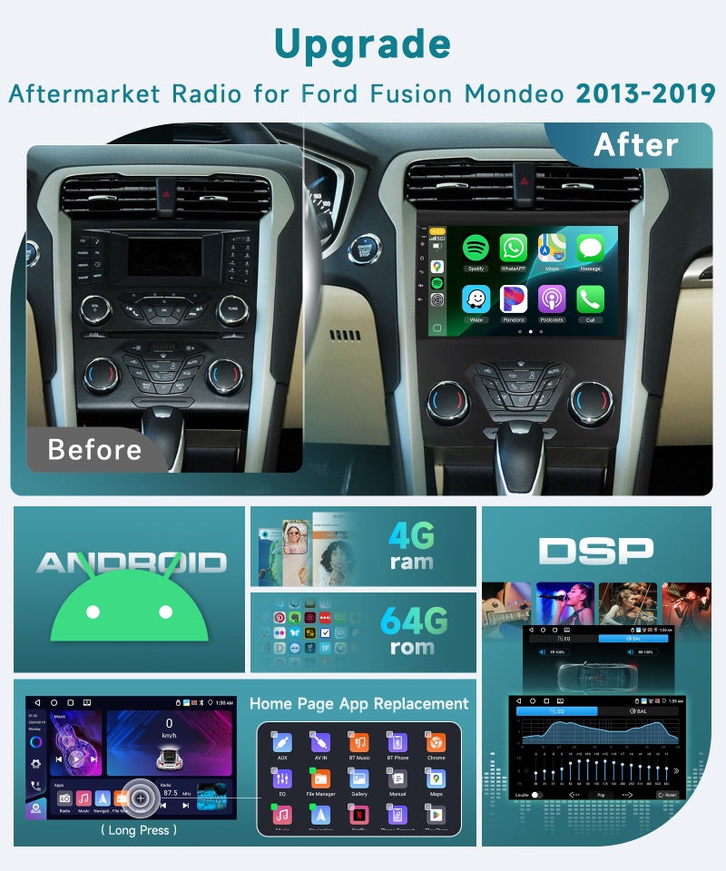 Sellrich 4Core 4+64G Android Car Stereo for Ford Fusion Mondeo 2013-2019 with 5G WIFI DSP/Wireless Carplay/Android Auto, Sellrich 9 inch 1280*720 Touchscreen Radio Bluetooth 5.0 FM/RDS Mirrorlink Backup Camera - Image 2
